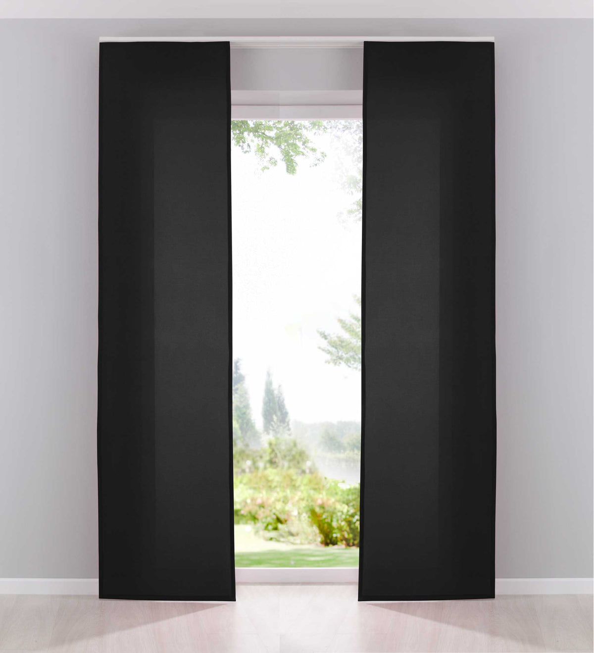 2er Pack Flächenvorhänge Schiebegardinen komplett Set Cationic blickdicht Leinen Optik natura seidenmatt Landhaus Stil 204411-2 Schwarz Schiebegardine Fl_chenvorh_nge_schwarz | girdainenbox.com