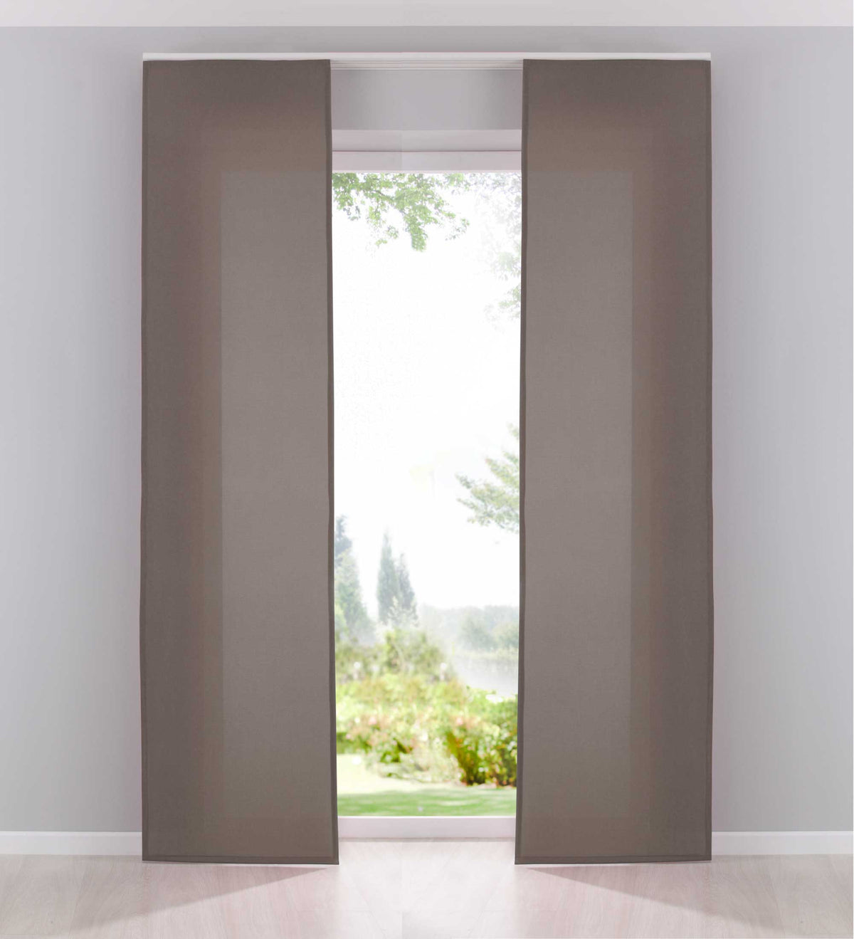 2er Pack Flächenvorhänge Schiebegardinen komplett Set Cationic blickdicht Leinen Optik natura seidenmatt Landhaus Stil 204411-2 Taupe Schiebegardine Fl_chenvorh_nge_taupe | girdainenbox.com