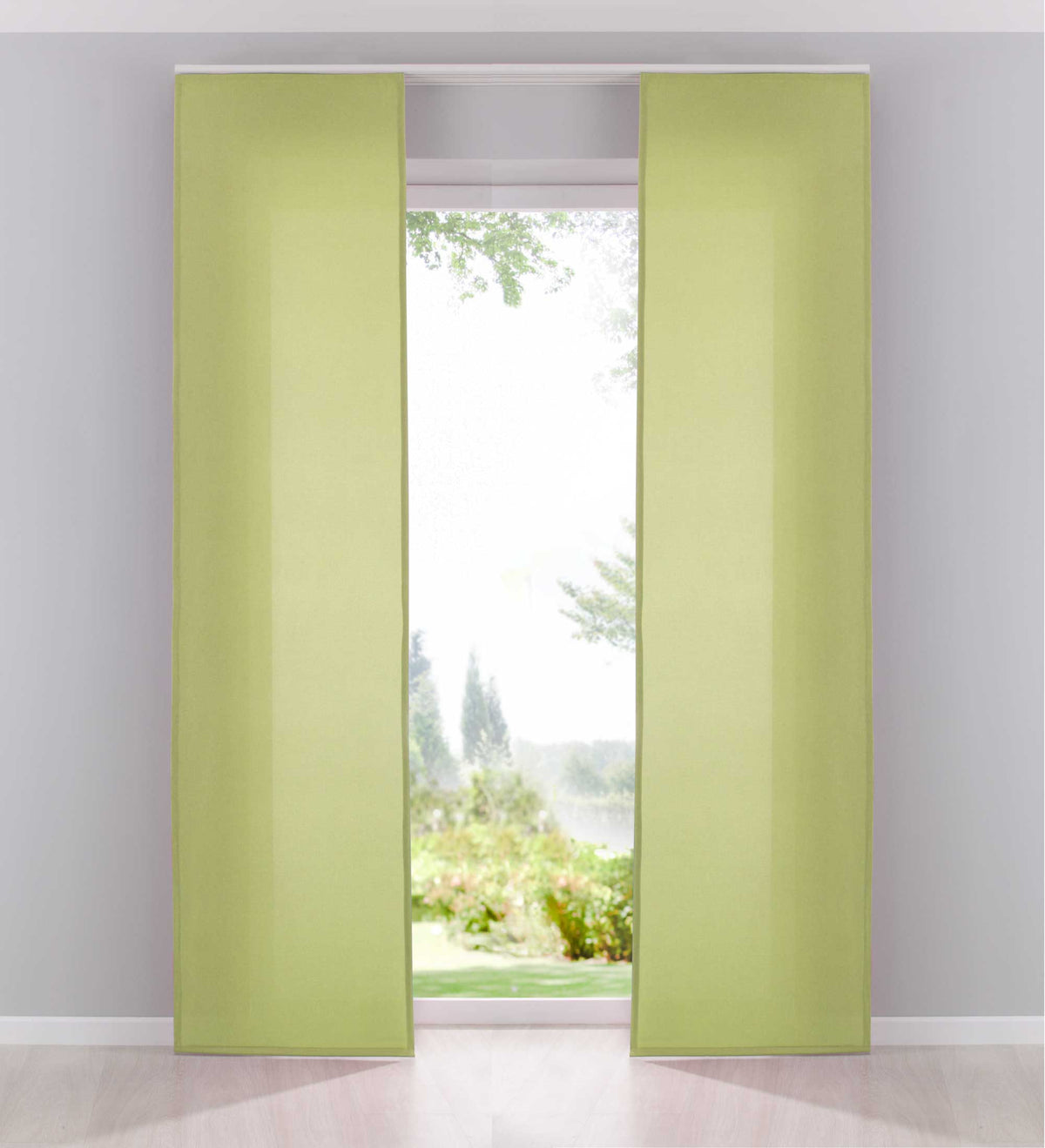 2er Pack Flächenvorhänge Schiebegardinen komplett Set Cationic blickdicht Leinen Optik natura seidenmatt Landhaus Stil 204411-2 Limette Schiebegardine Schiebegardine_limette | girdainenbox.com